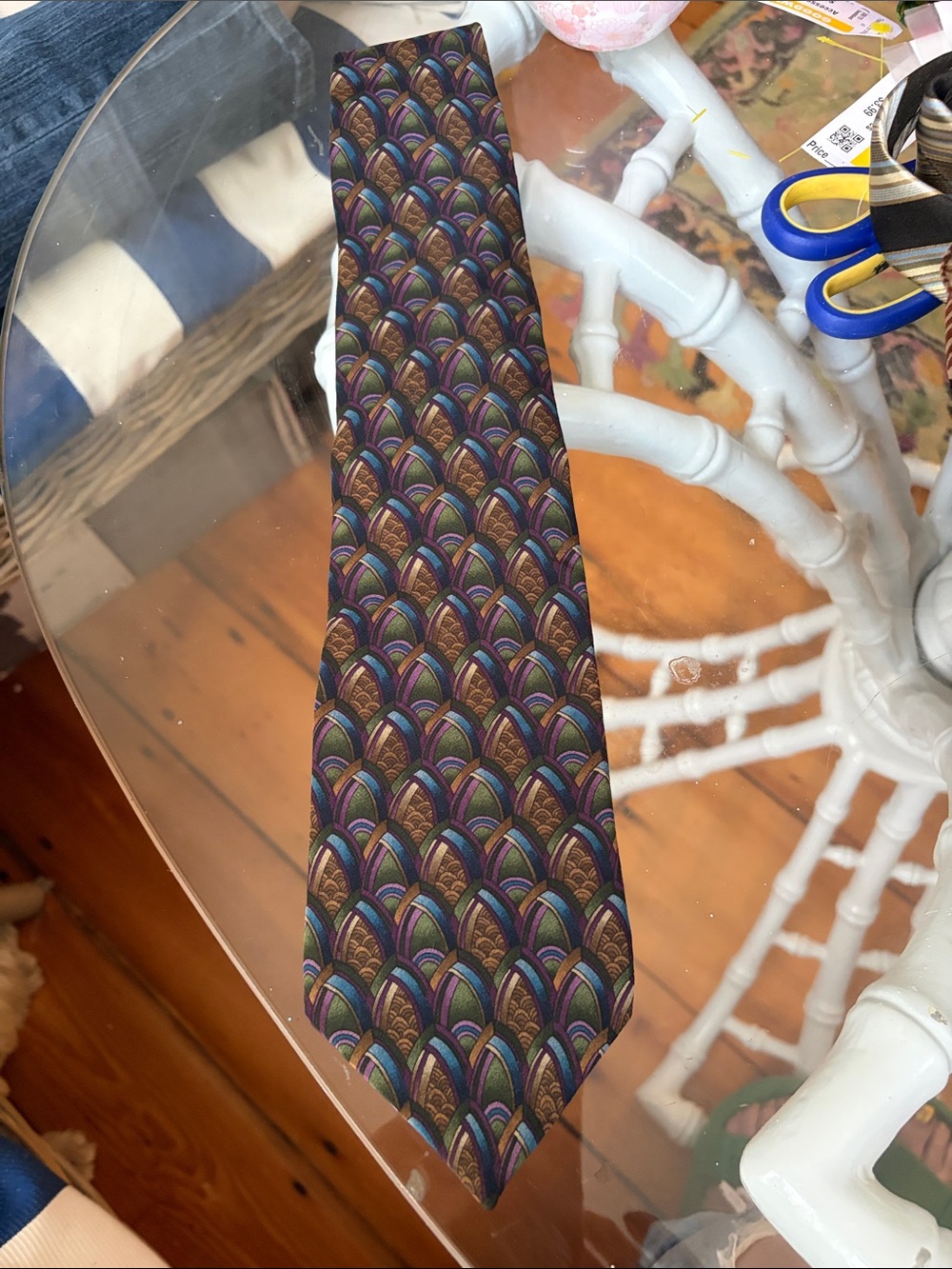 J. Garcia Brown Tie with Multicolor Art Deco Fan Pattern